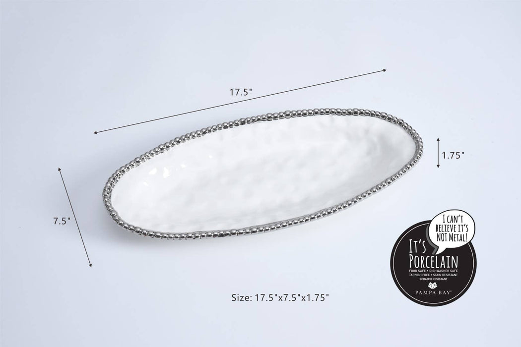 Oval Serving Piece, White with Silver