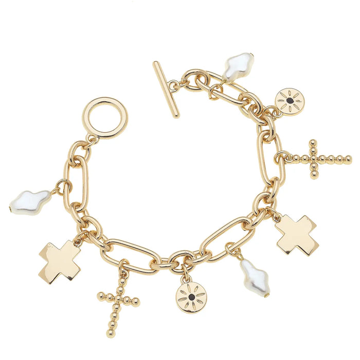 Abigail Multi Cross Charm Bracelet, Shiny Gold