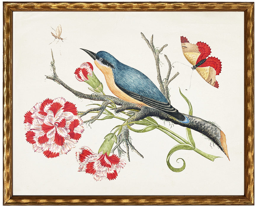 Art Print, Vintage Bookplate with Blue Bird & Insects