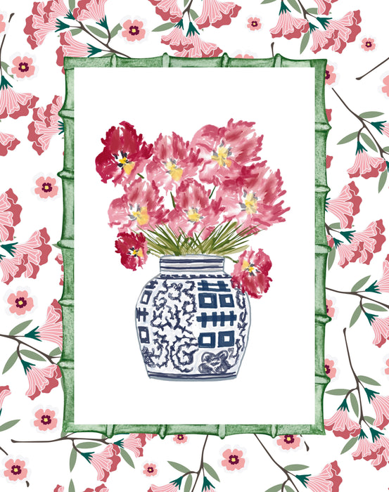 Art Print, Red Flowers in Chinoiserie Vase, Floral Background