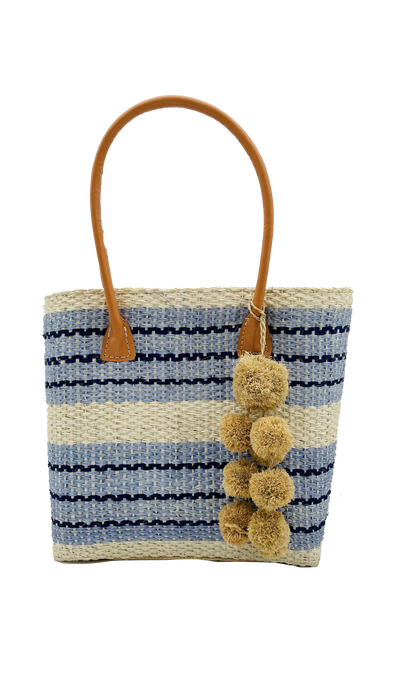 Imperial Sisal Basket Bag with Pompoms, Blue