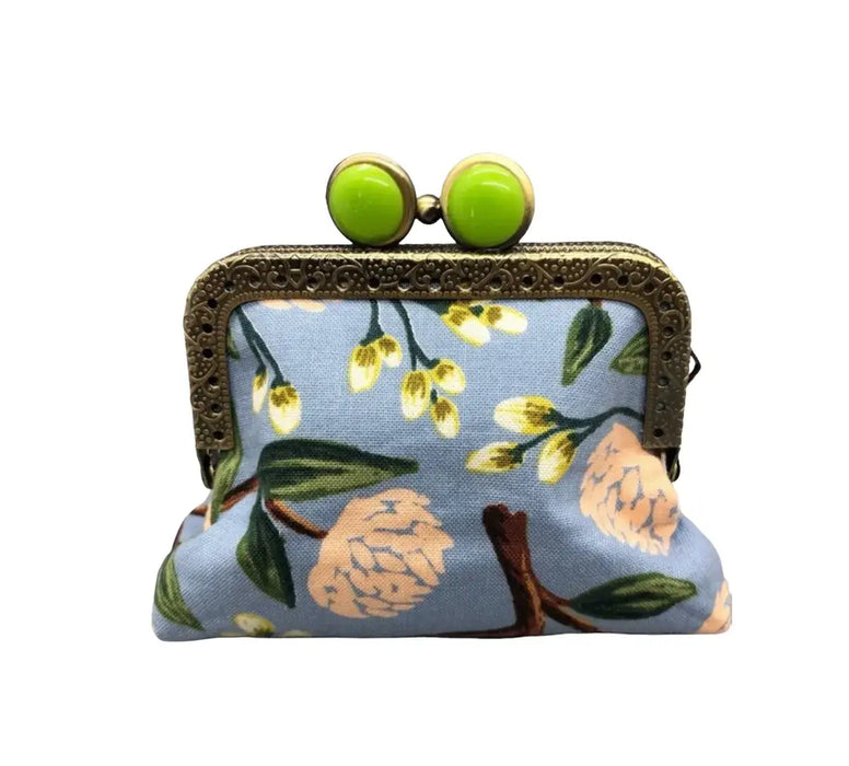 Mini Clutch Coin Purse - Peonies Dusty Blue: Lime