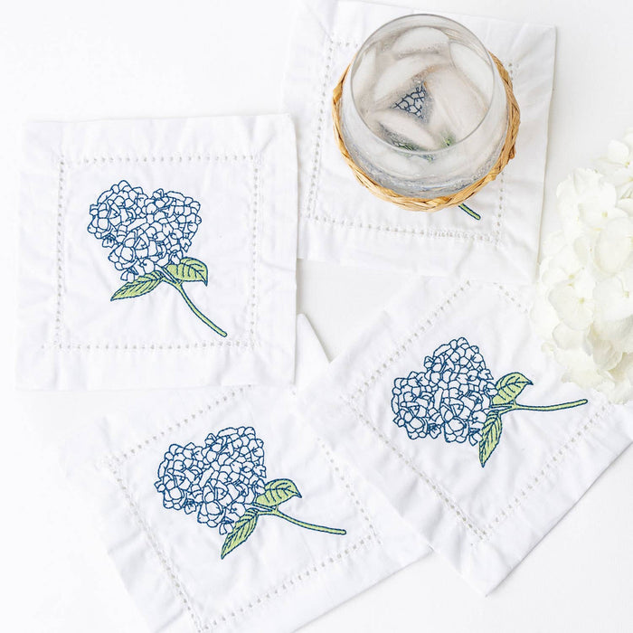 Embroidered Cocktail Napkin Set, Hydrangea Stem