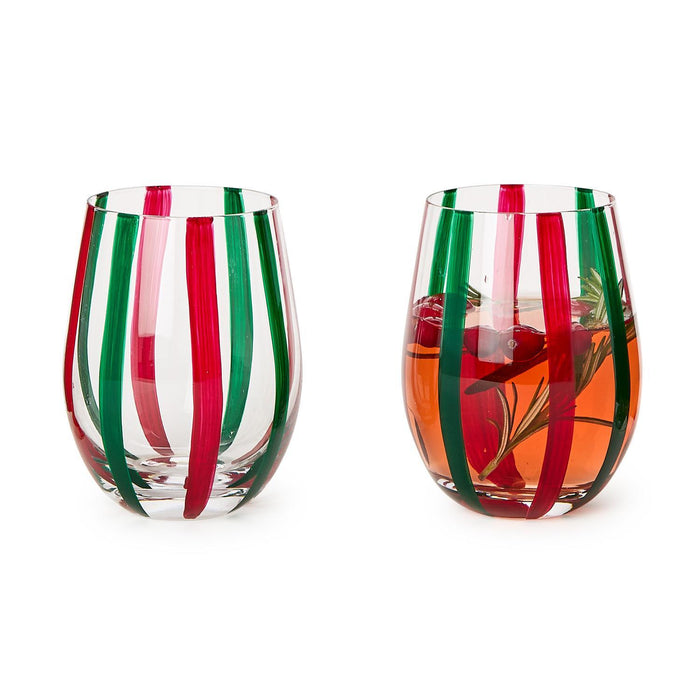 Stemless Wine Glass, Red & Green Stripes