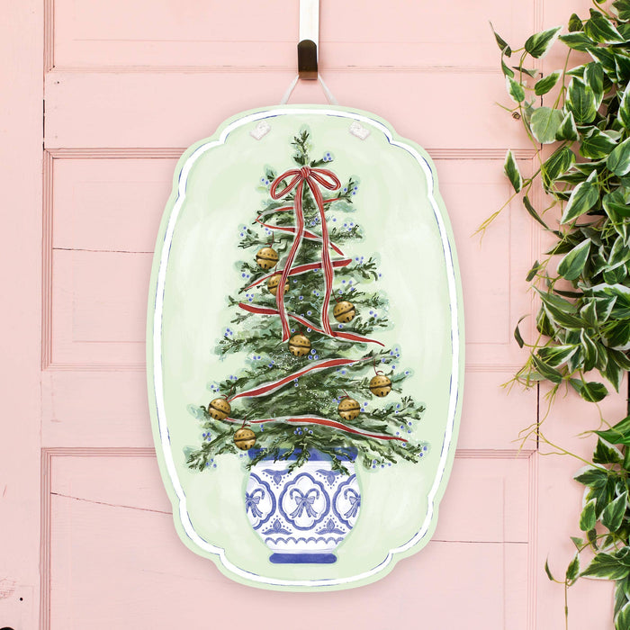 Door Hanger, Christmas Tree in Blue Chinoiserie Planter