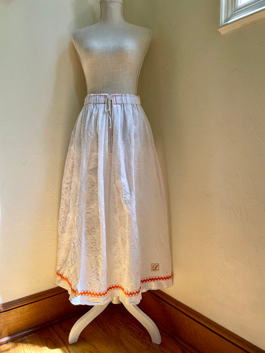 French Market Skirt, Long, White Hibiscus with Rick Rack