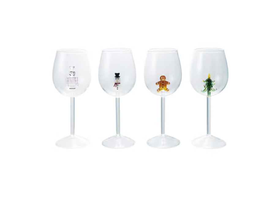 Stemmed Wine Glass with Holiday Figure Inside, 4 Styles