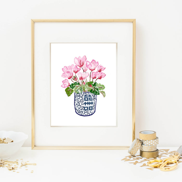 Art Print, Pink Flowers in Chinoiserie Vase