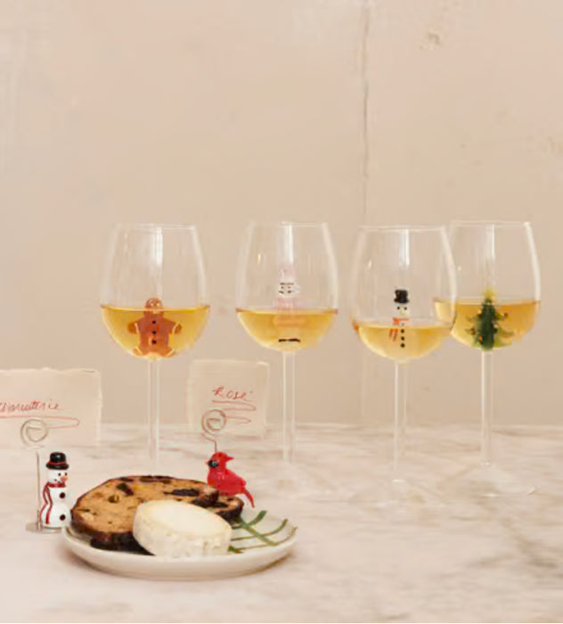 Stemmed Wine Glass with Holiday Figure Inside, 4 Styles