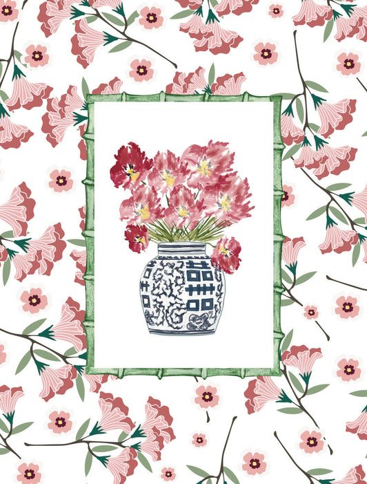 Boxed Folded Notes, Red Flowers in Chinoiserie Vase