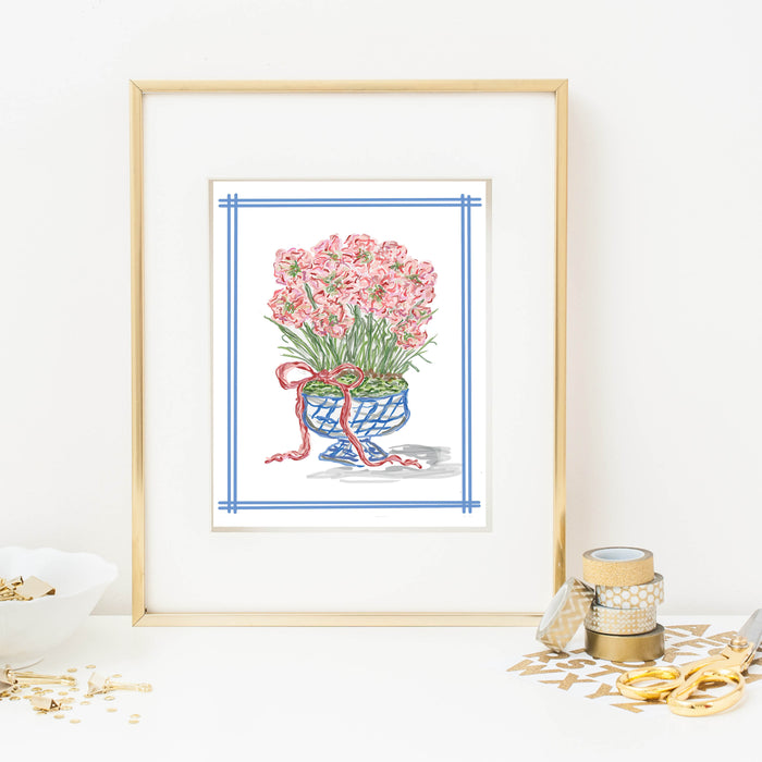 Art Print, Red Flowers in Vase with Bow