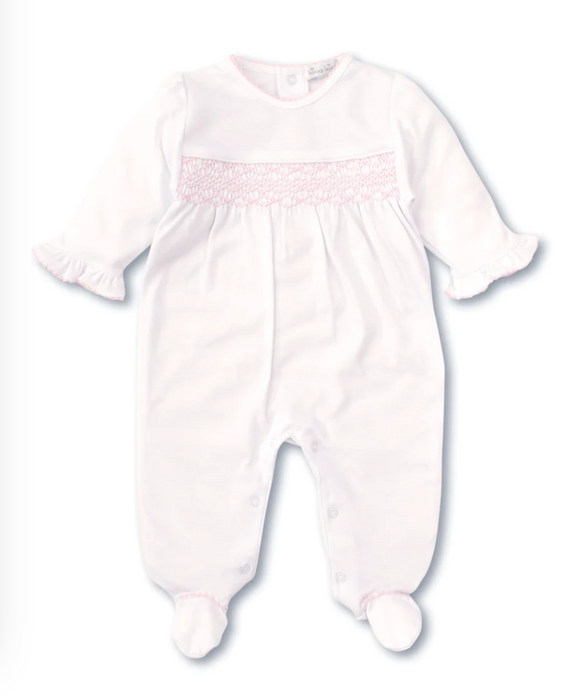 Hand Smocked Footie, White with Pink