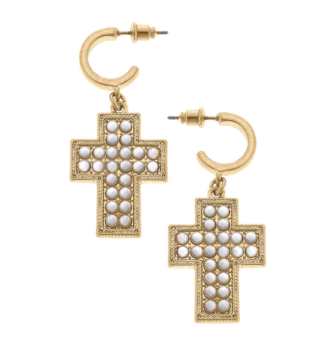 Abigail Pearl Cross Drop Hoop Earrings, Worn Gold