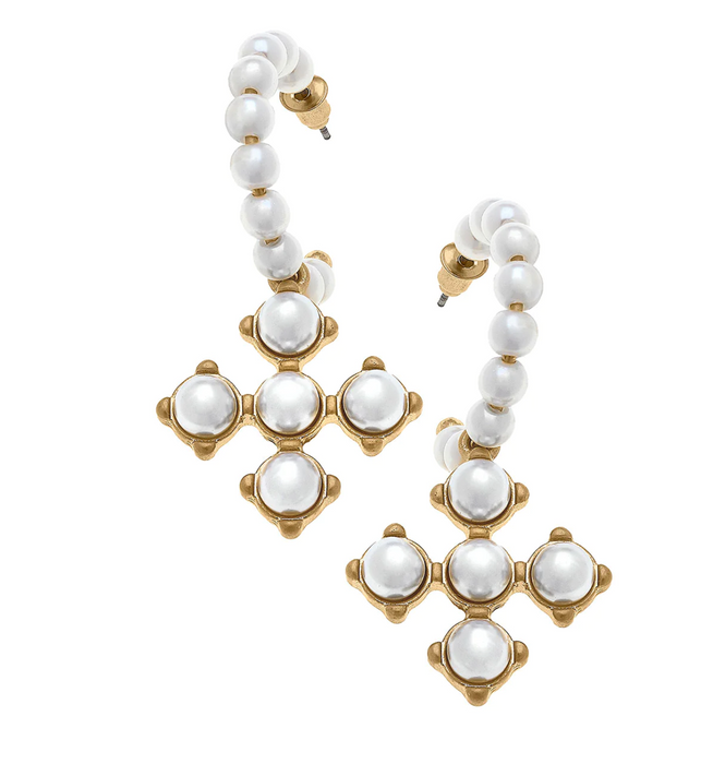 Sarah Pearl Cross with Pearl Beaded Hoop Earrings