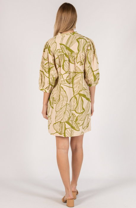Leaf Print Guaze Dress, Olive