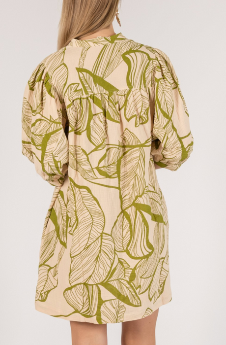 Leaf Print Guaze Dress, Olive