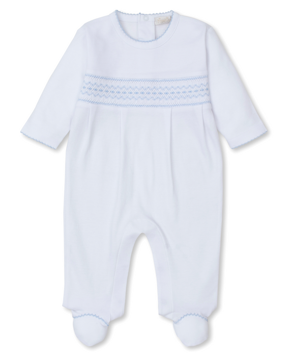 Footie with Hand Smocking, White & Light Blue