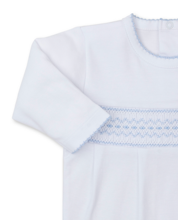 Footie with Hand Smocking, White & Light Blue