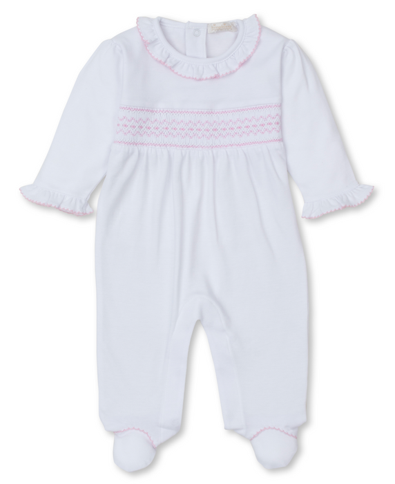 Footie with Hand Smocking, White & Pink