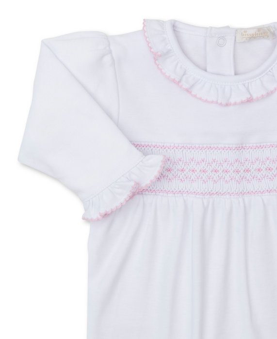 Footie with Hand Smocking, White & Pink
