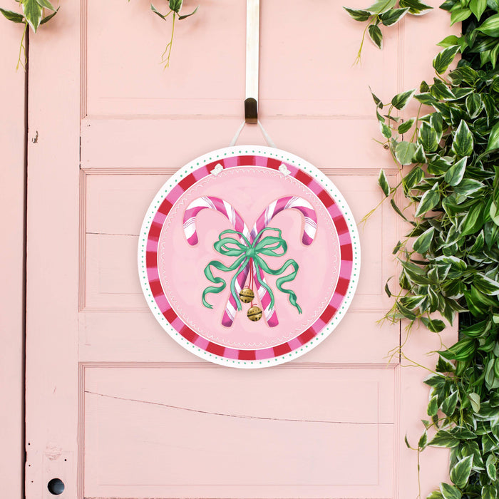 Door Hanger, Pink Candy Canes with Green Bow