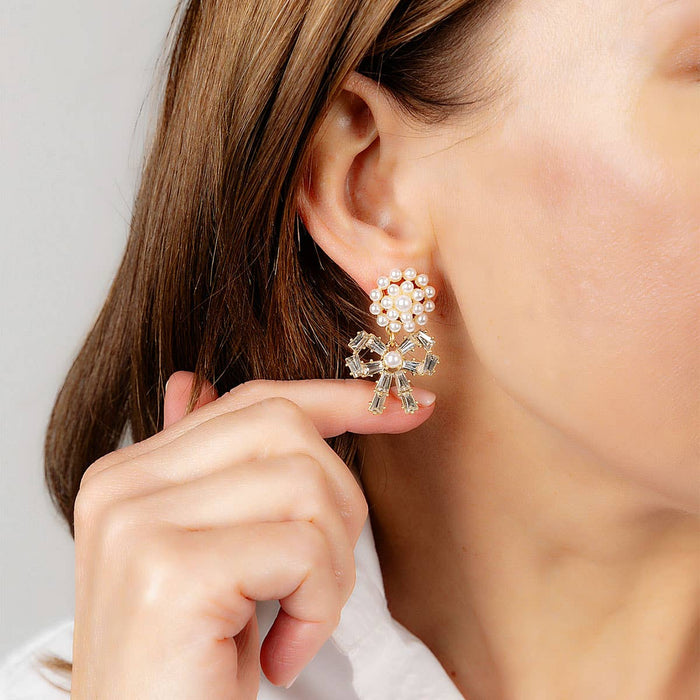 Lindsey Pearl Cluster Rhinestone Bow Drop Earrings: Clear