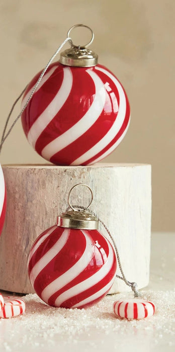 Hand Blown Glass Ornament, Red & White