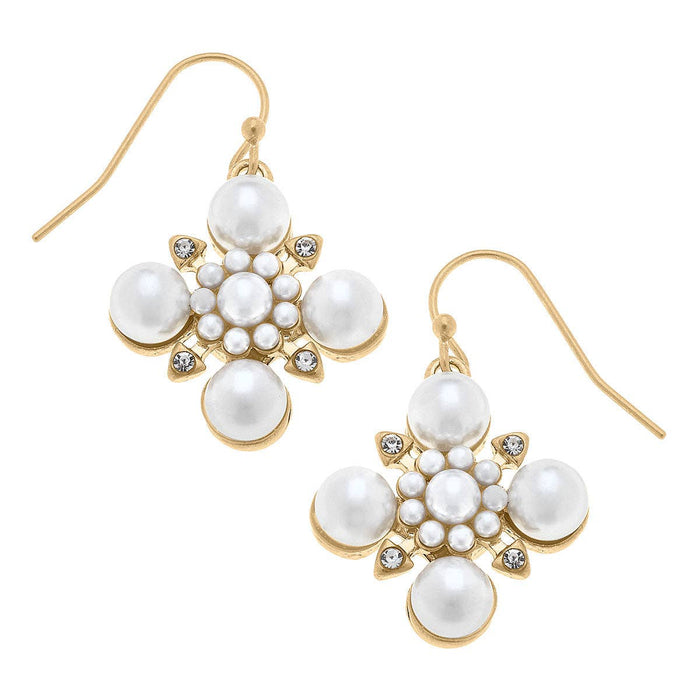 Dakota Pearl & Rhinestones Cross Earrings in Ivory