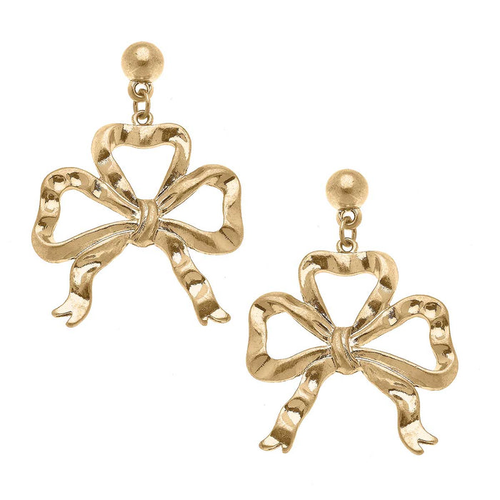 Lacey Bow Drop Earrings in Worn Gold