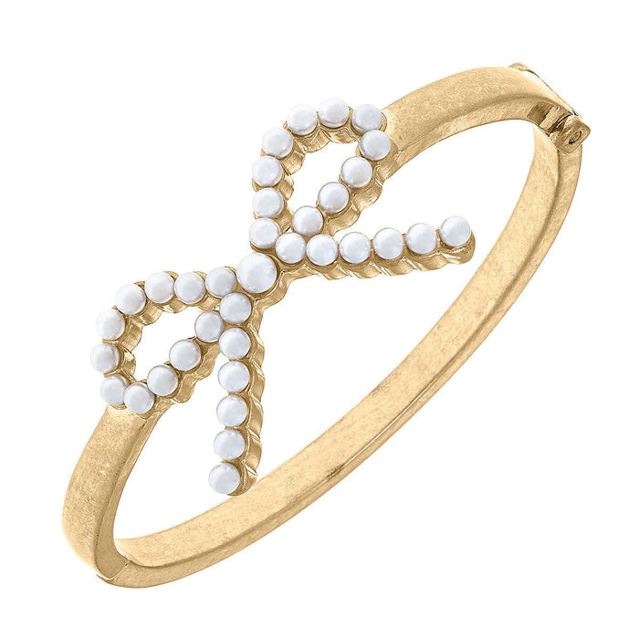 Kellie Pearl-Studded Bow Hinge Bangle in Worn Gold