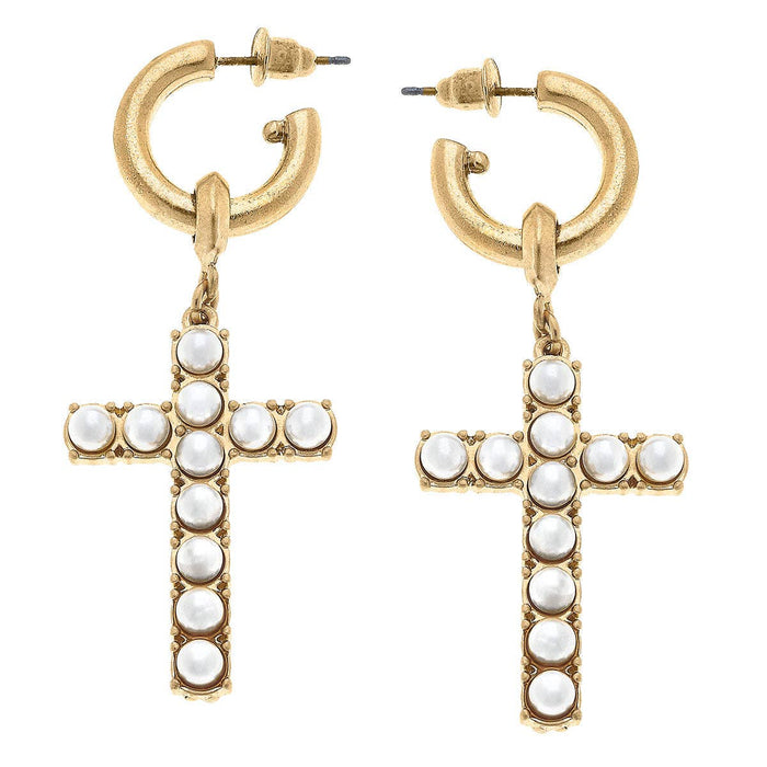 Ruth Pearl Cross Drop Hoop Earrings in Worn Gold