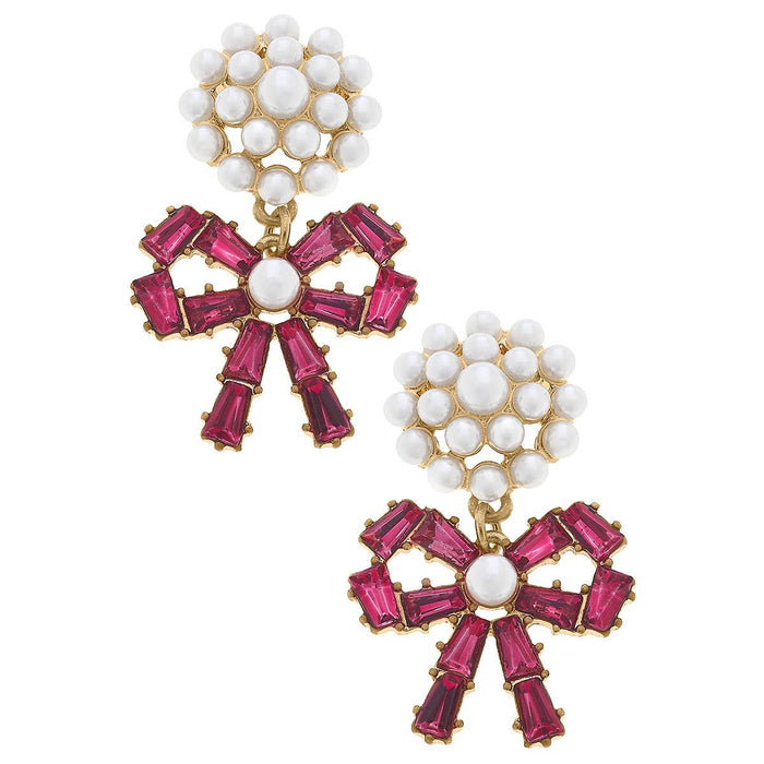 Lindsey Pearl Cluster Rhinestone Bow Drop Earrings: Fuchsia