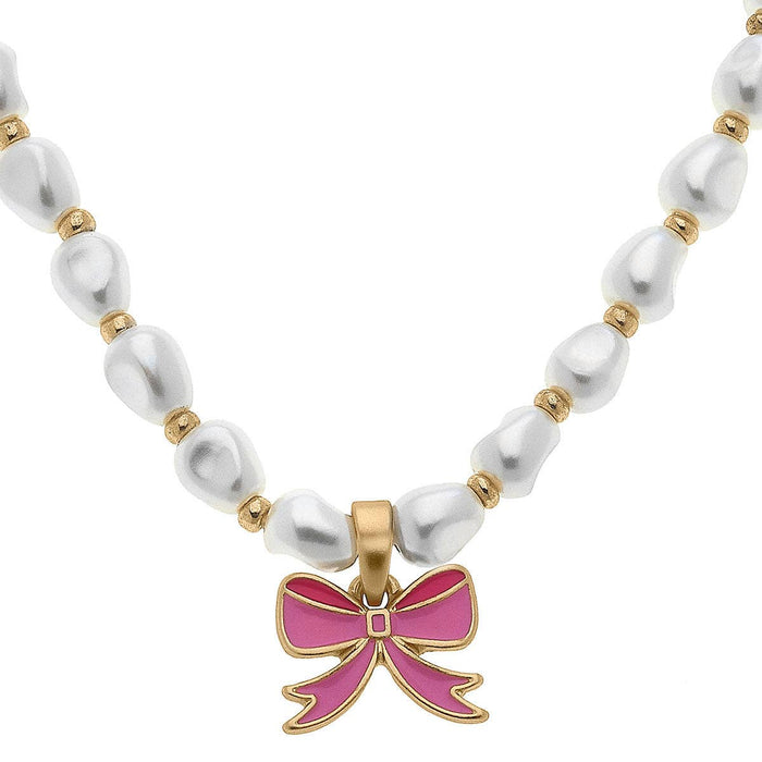 Madeleine Pearl & Bow Children's Necklace in Pink