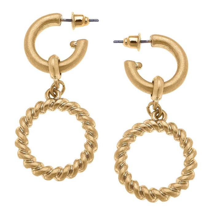 Tatum Twisted Metal Drop Hoop Earrings in Worn Gold