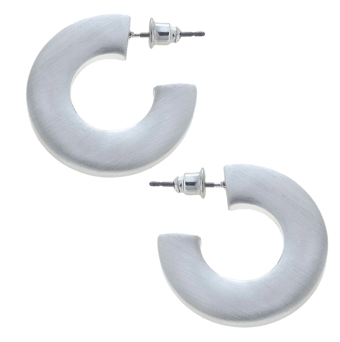 Earrings, Large Flat Hoops, Satin Silver