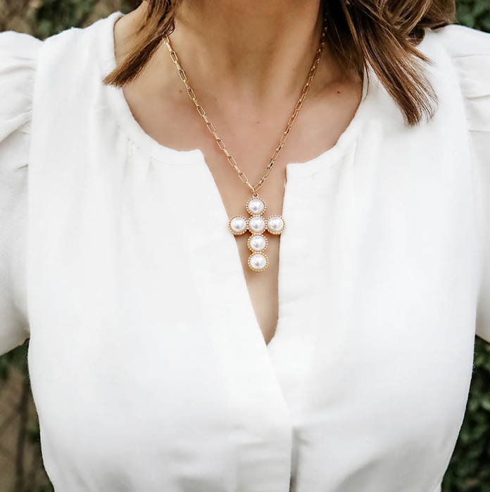 Elisha Necklace, Pearl Cross, Worn Gold