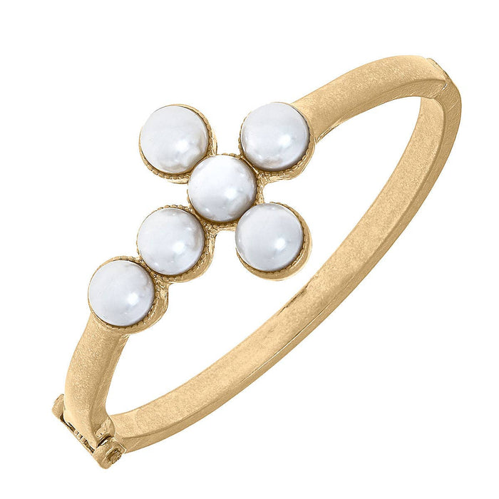 Elisha Pearl Cross Hinge Bangle in Worn Gold