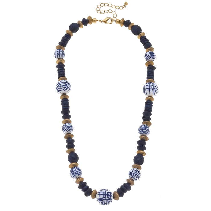 Mallory Chinoiserie & Painted Wood Necklace in Navy