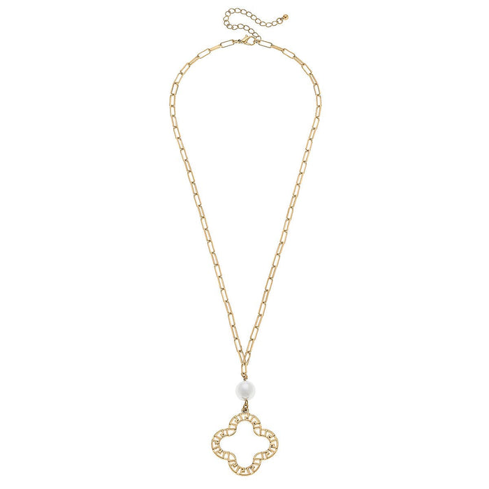 Nicole Pearl & Greek Keys Clover Necklace in Worn Gold