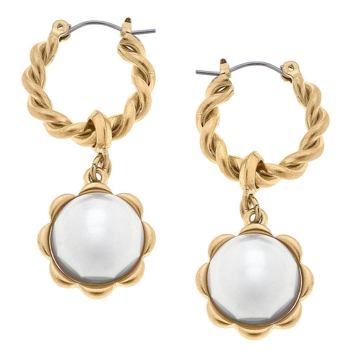 Ellison Twisted Metal & Pearl Flower Drop Hoop Earrings in Ivory