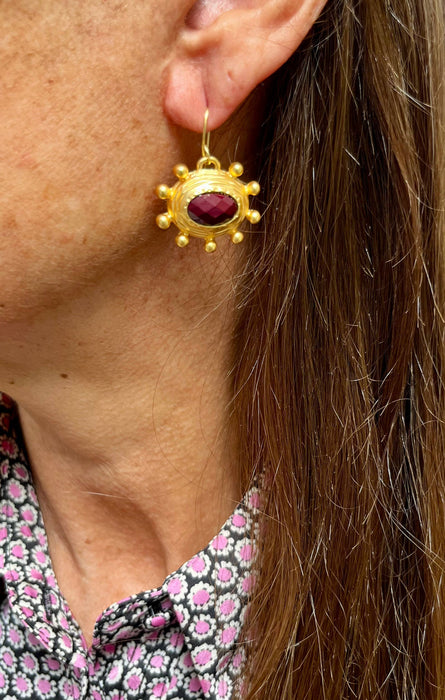 Earrings, Gold and Burgandy Dangle