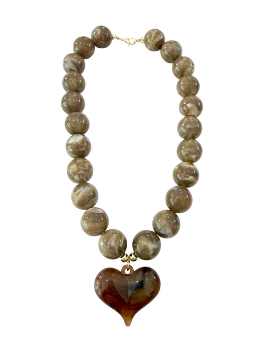 Kaiden Chunky Beaded Necklace with Heart Charm - Mocha