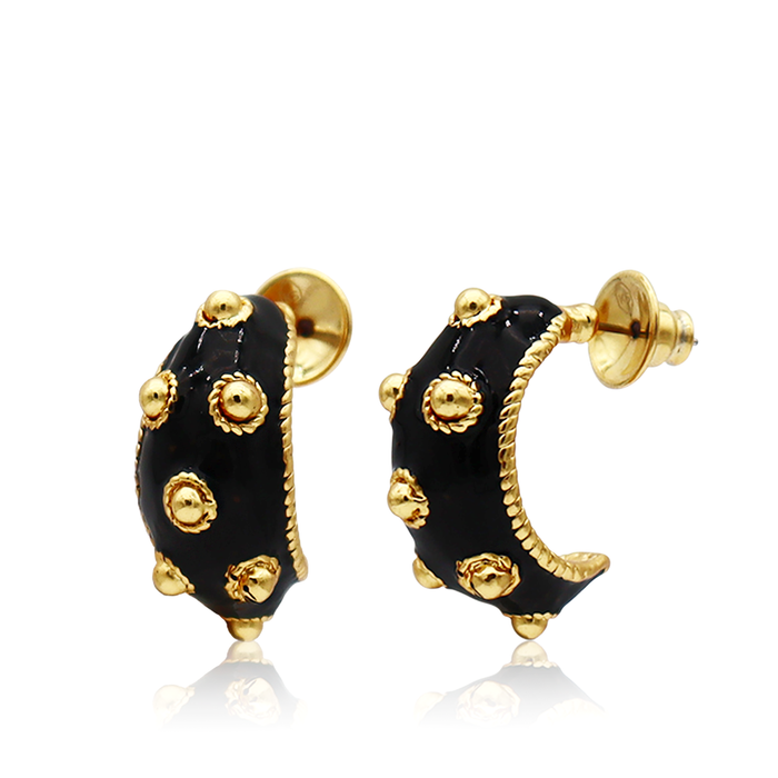 Earrings, Dots Hoop Black Enamel - 24K Gold Plated