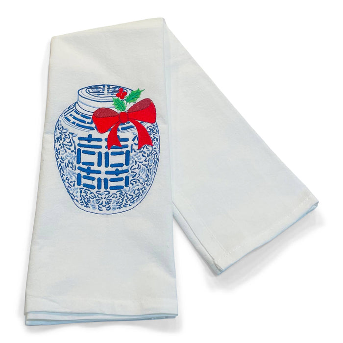 Towel - Ginger Jar with Red Bow with white