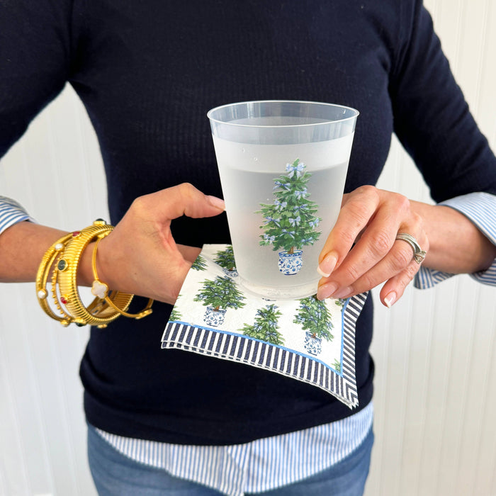 Paper Cocktail Napkins, Blue Bows Christmas Trees