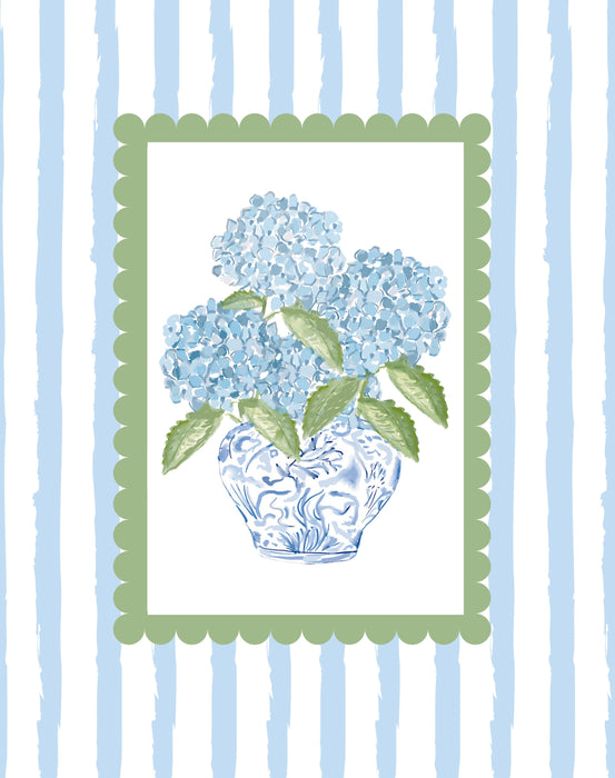 Art Print, Blue Hydrangeas in Vase, Blue Stripes