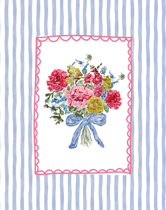 Art Print, Sweet Bouquet with Bow, Blue Stripes