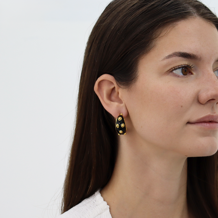 Earrings, Dots Hoop Black Enamel - 24K Gold Plated