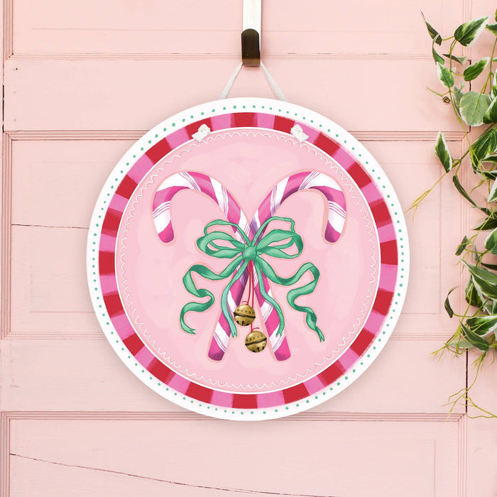 Door Hanger, Pink Candy Canes with Green Bow