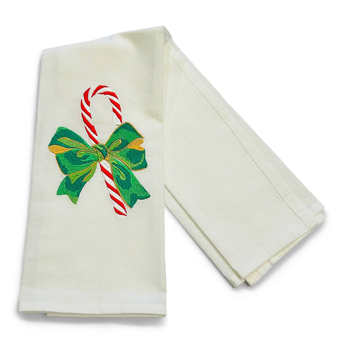Towel - Candy Cane with Green Bow on white